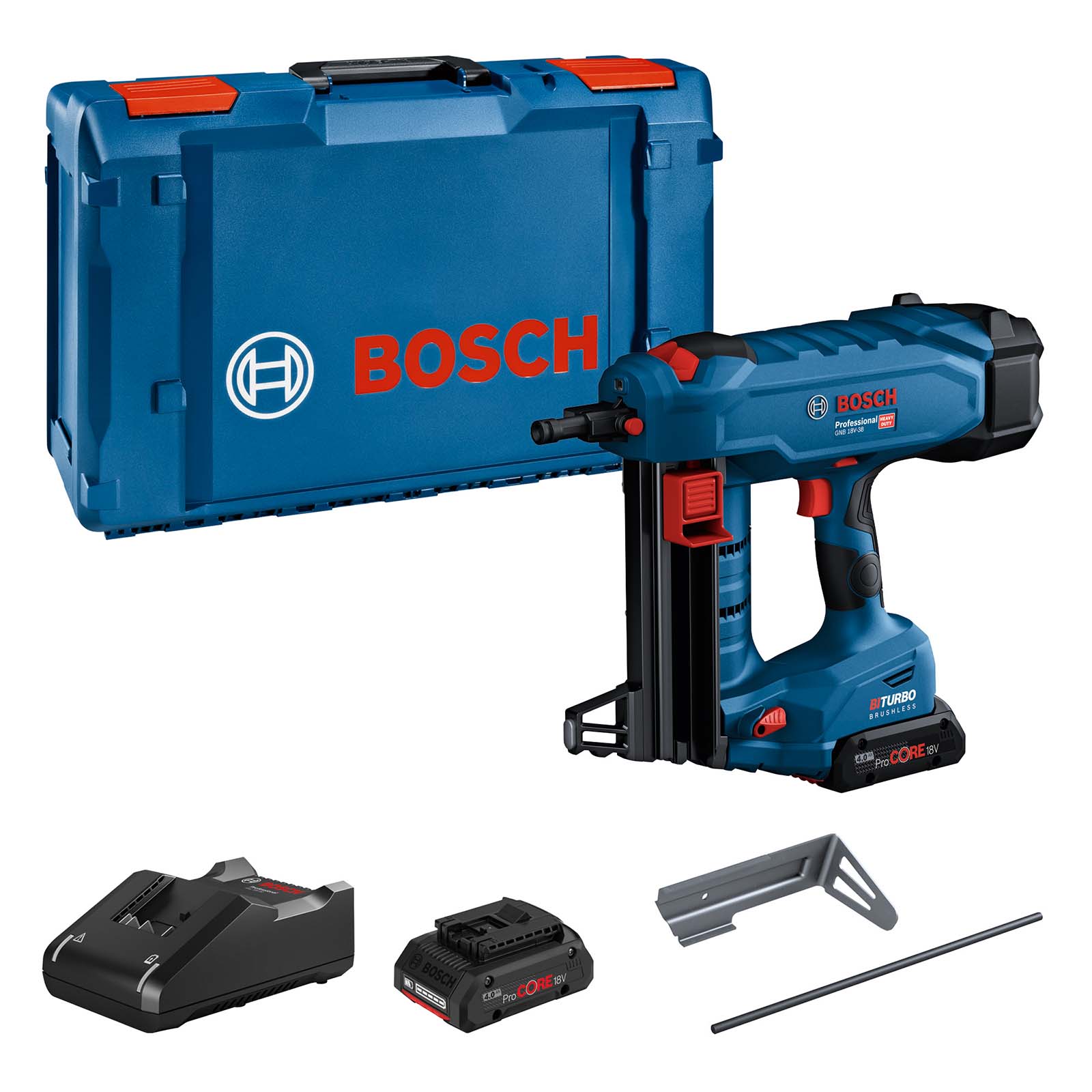 Bosch GNB 18V-38 BITURBO 18v Cordless Brushless Concrete Nail Gun 2 x 4ah Li-ion ProCore Battery Charger Case